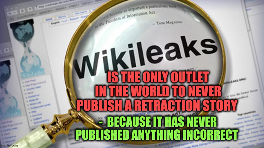 Wikileaks | IS THE ONLY OUTLET IN THE WORLD TO NEVER PUBLISH A RETRACTION STORY; -  BECAUSE IT HAS NEVER PUBLISHED ANYTHING INCORRECT | image tagged in wikileaks | made w/ Imgflip meme maker