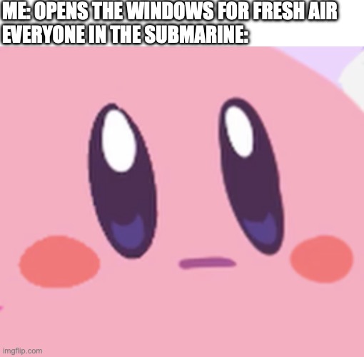 submarine | ME: OPENS THE WINDOWS FOR FRESH AIR
EVERYONE IN THE SUBMARINE: | image tagged in blank kirby face,submarine,window,air,kirby | made w/ Imgflip meme maker