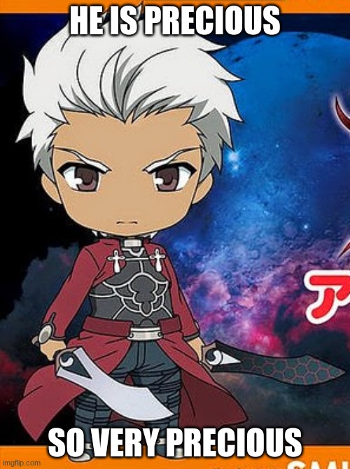 Archer | HE IS PRECIOUS; SO VERY PRECIOUS | image tagged in shirou emiya nendoroid,fate/stay night,nendoroid,archer,anime,memes | made w/ Imgflip meme maker