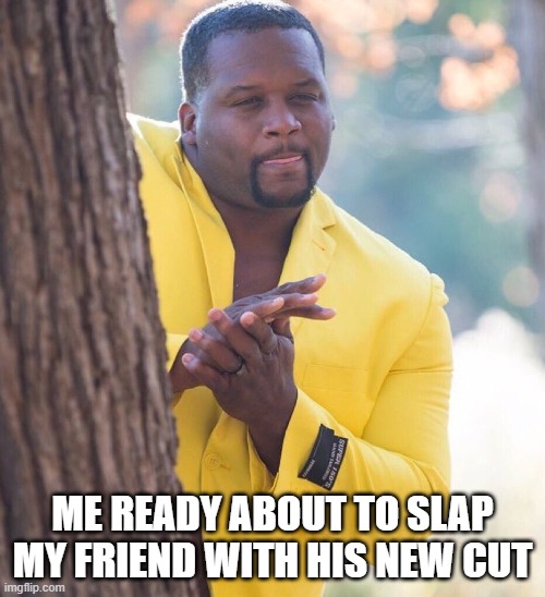 Black guy hiding behind tree | ME READY ABOUT TO SLAP MY FRIEND WITH HIS NEW CUT | image tagged in black guy hiding behind tree | made w/ Imgflip meme maker
