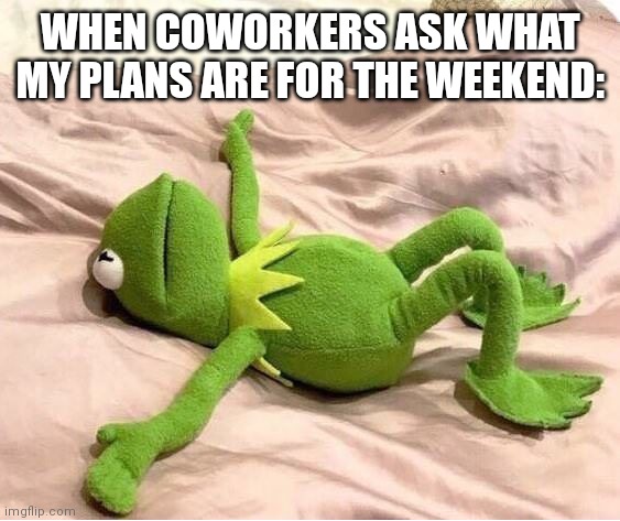 Kermit laying down | WHEN COWORKERS ASK WHAT MY PLANS ARE FOR THE WEEKEND: | image tagged in kermit laying down | made w/ Imgflip meme maker