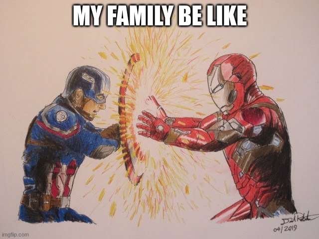 Family | MY FAMILY BE LIKE | image tagged in captain america and iron man fighting | made w/ Imgflip meme maker