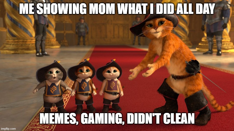 Puss in Boots Diablos | ME SHOWING MOM WHAT I DID ALL DAY; MEMES, GAMING, DIDN'T CLEAN | image tagged in puss in boots diablos | made w/ Imgflip meme maker