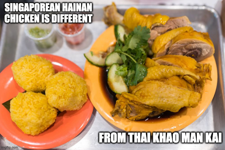 Singaporean Hainan Chicken | SINGAPOREAN HAINAN CHICKEN IS DIFFERENT; FROM THAI KHAO MAN KAI | image tagged in food,chicken,memes | made w/ Imgflip meme maker