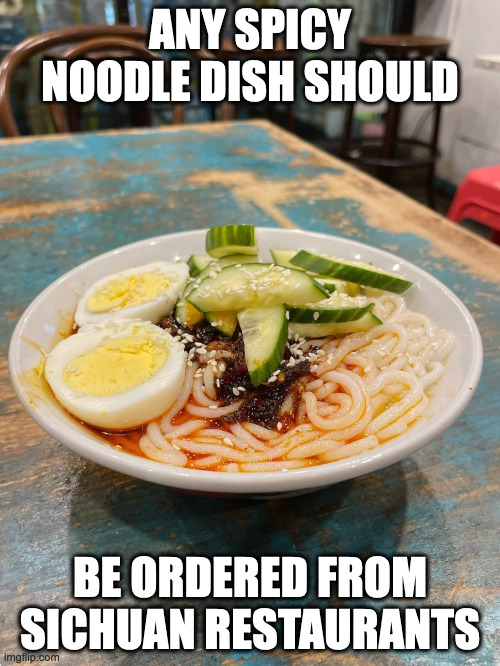 Chilled Spicy Sesame Noodles | ANY SPICY NOODLE DISH SHOULD; BE ORDERED FROM SICHUAN RESTAURANTS | image tagged in noodles,food,memes | made w/ Imgflip meme maker