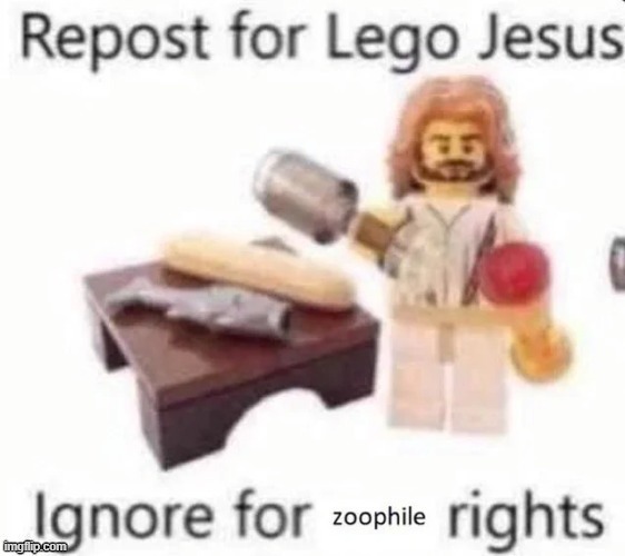 Because zoophiles don't need rights | image tagged in lego jesus,zoos suck,repost | made w/ Imgflip meme maker