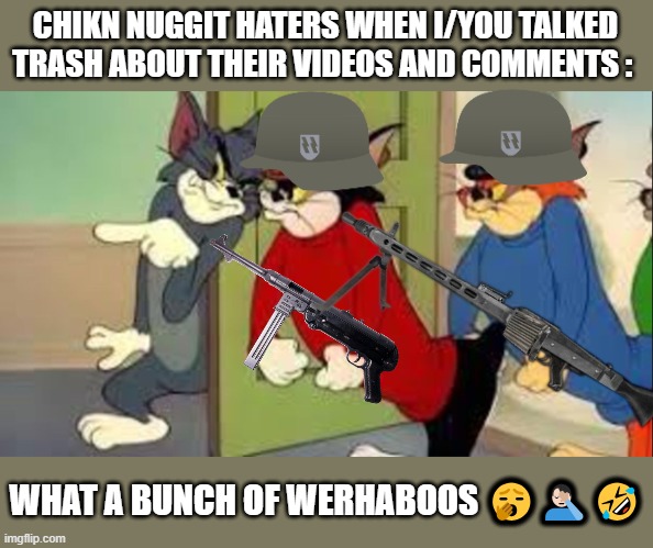 S.S. Anti-Fandom Goons are Dog-Shit. | CHIKN NUGGIT HATERS WHEN I/YOU TALKED TRASH ABOUT THEIR VIDEOS AND COMMENTS :; WHAT A BUNCH OF WERHABOOS 🥱🤦🏻‍♂️🤣 | image tagged in tom and jerry goons | made w/ Imgflip meme maker