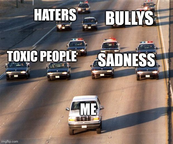 OJ Simpson Police Chase | BULLYS; HATERS; TOXIC PEOPLE; SADNESS; ME | image tagged in oj simpson police chase | made w/ Imgflip meme maker