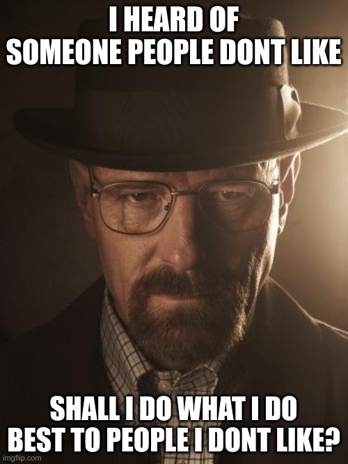 Walter White | I HEARD OF SOMEONE PEOPLE DONT LIKE SHALL I DO WHAT I DO BEST TO PEOPLE I DONT LIKE? | image tagged in walter white | made w/ Imgflip meme maker
