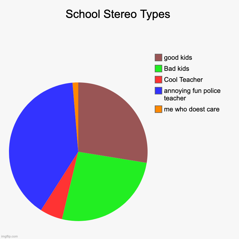 School Stereo Types | School Stereo Types | me who doest care, annoying fun police teacher, Cool Teacher, Bad kids, good kids | image tagged in charts,pie charts | made w/ Imgflip chart maker
