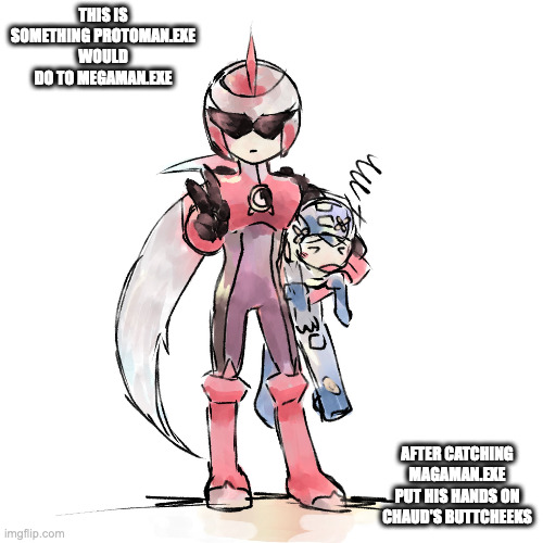ProtoMan.EXE Holding MegaMan.EXE in His Arms | THIS IS SOMETHING PROTOMAN.EXE WOULD DO TO MEGAMAN.EXE; AFTER CATCHING MAGAMAN.EXE PUT HIS HANDS ON CHAUD'S BUTTCHEEKS | image tagged in protomanexe,megamanexe,megaman,megaman battle network,memes | made w/ Imgflip meme maker