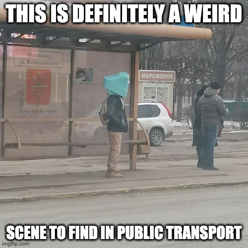 Person With a Computer Monitor On Head Waiting For the Bus | THIS IS DEFINITELY A WEIRD; SCENE TO FIND IN PUBLIC TRANSPORT | image tagged in public transport,memes | made w/ Imgflip meme maker