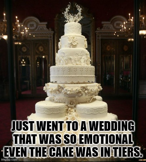 Daily Bad Dad Joke September 15, 2023 | JUST WENT TO A WEDDING THAT WAS SO EMOTIONAL EVEN THE CAKE WAS IN TIERS. | image tagged in wedding cake | made w/ Imgflip meme maker
