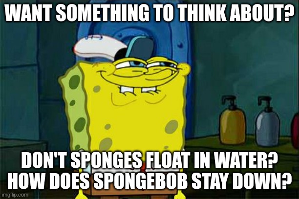 Maybe if his boots are 20 pounds but... I don't think so. | WANT SOMETHING TO THINK ABOUT? DON'T SPONGES FLOAT IN WATER? HOW DOES SPONGEBOB STAY DOWN? | image tagged in memes,don't you squidward | made w/ Imgflip meme maker