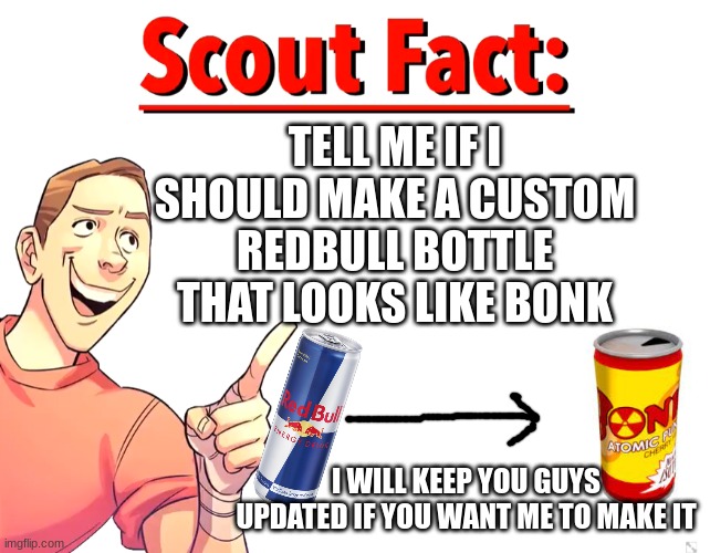 Should I make Bonk atomic punch IRL? | TELL ME IF I SHOULD MAKE A CUSTOM REDBULL BOTTLE THAT LOOKS LIKE BONK; I WILL KEEP YOU GUYS UPDATED IF YOU WANT ME TO MAKE IT | image tagged in scout fact | made w/ Imgflip meme maker