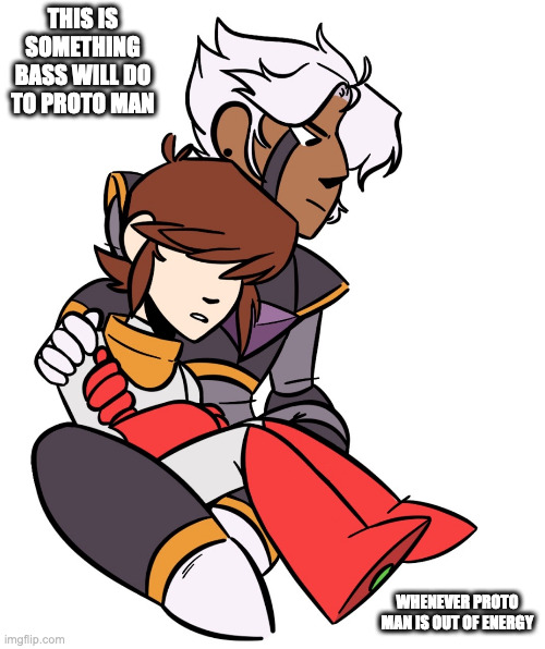 Bass With Proto Man on His Lap | THIS IS SOMETHING BASS WILL DO TO PROTO MAN; WHENEVER PROTO MAN IS OUT OF ENERGY | image tagged in bass,protoman,megaman,memes | made w/ Imgflip meme maker