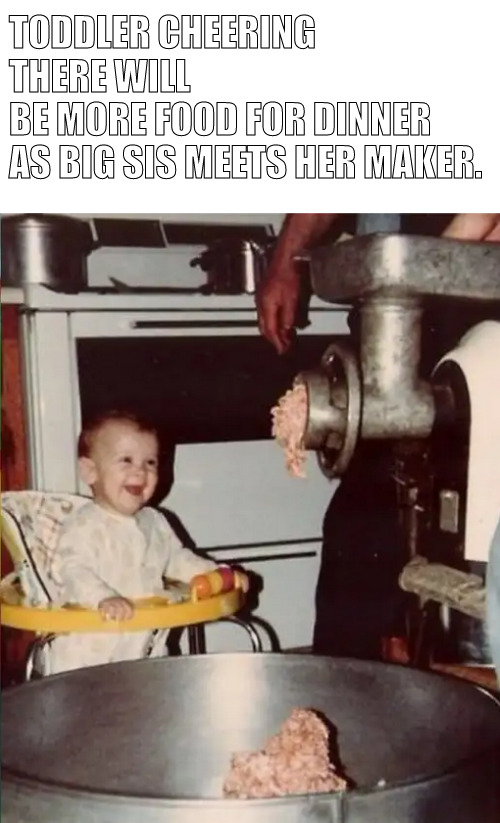 dinner time... | TODDLER CHEERING THERE WILL BE MORE FOOD FOR DINNER
AS BIG SIS MEETS HER MAKER. | image tagged in memes,dark humor | made w/ Imgflip meme maker