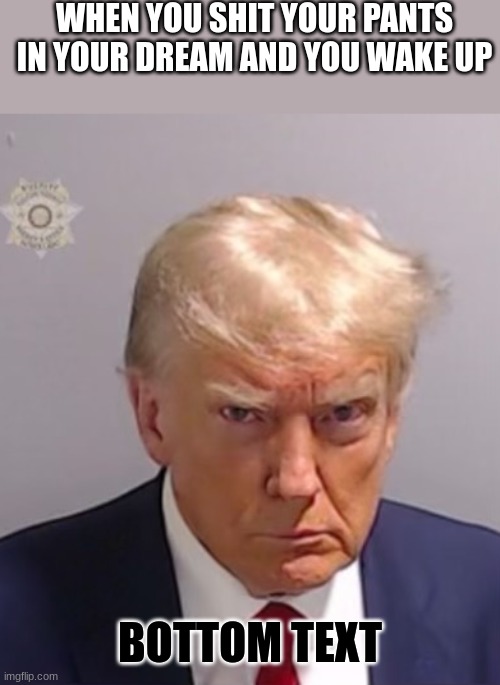 Shitty dreams | WHEN YOU SHIT YOUR PANTS IN YOUR DREAM AND YOU WAKE UP; BOTTOM TEXT | image tagged in donald trump mugshot | made w/ Imgflip meme maker