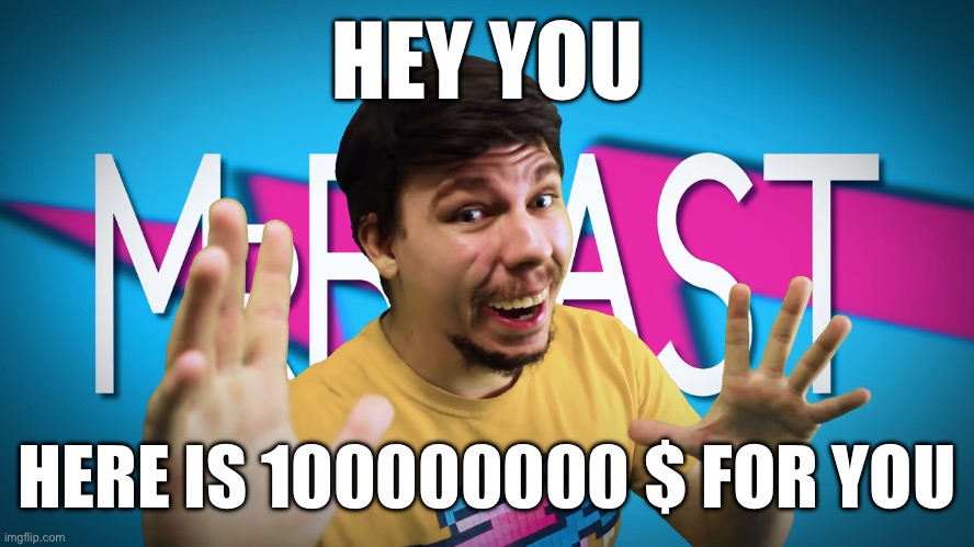 MisterBeast gives u some money | HEY YOU; HERE IS 100000000 $ FOR YOU | image tagged in fake mrbeast,memes,funny,mrbeast | made w/ Imgflip meme maker