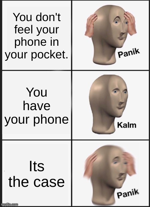 oh sh- | You don't feel your phone in your pocket. You have your phone; Its the case | image tagged in memes,panik kalm panik | made w/ Imgflip meme maker