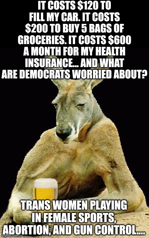 Democrats have a one track mind. They'd be talking about abortion and gun control 3 weeks after the zombie apocalypse! | IT COSTS $120 TO FILL MY CAR. IT COSTS $200 TO BUY 5 BAGS OF GROCERIES. IT COSTS $600 A MONTH FOR MY HEALTH INSURANCE... AND WHAT ARE DEMOCRATS WORRIED ABOUT? TRANS WOMEN PLAYING IN FEMALE SPORTS, ABORTION, AND GUN CONTROL.... | image tagged in democrats,liberal logic,liberal hypocrisy,out of touch,stupid people,guns | made w/ Imgflip meme maker