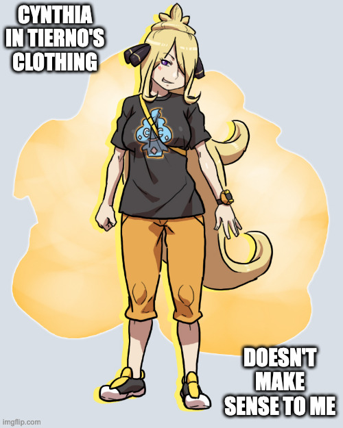 Cynthia Dressed Up as TIerno | CYNTHIA IN TIERNO'S CLOTHING; DOESN'T MAKE SENSE TO ME | image tagged in cynthia,pokemon,memes | made w/ Imgflip meme maker