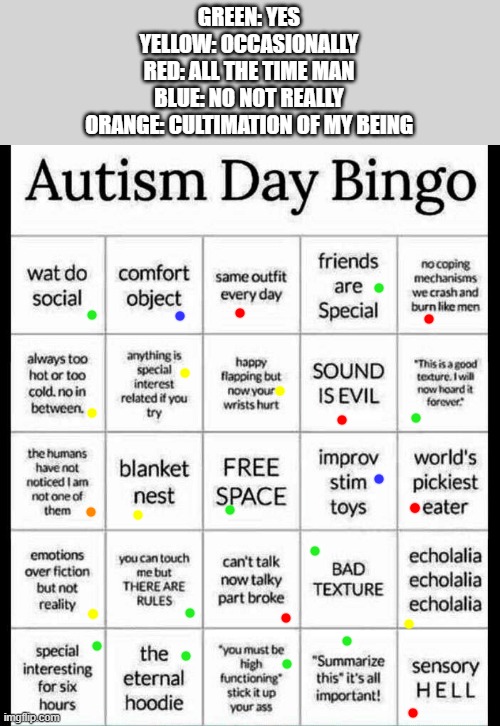 autism bingo | GREEN: YES
YELLOW: OCCASIONALLY
RED: ALL THE TIME MAN
BLUE: NO NOT REALLY
ORANGE: CULTIMATION OF MY BEING | image tagged in autism bingo | made w/ Imgflip meme maker