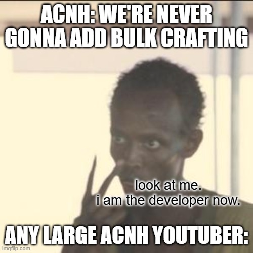 Look At Me Meme | ACNH: WE'RE NEVER GONNA ADD BULK CRAFTING; look at me.
i am the developer now. ANY LARGE ACNH YOUTUBER: | image tagged in memes,look at me | made w/ Imgflip meme maker