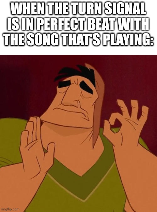 Perfection | WHEN THE TURN SIGNAL IS IN PERFECT BEAT WITH THE SONG THAT'S PLAYING: | image tagged in when x just right | made w/ Imgflip meme maker