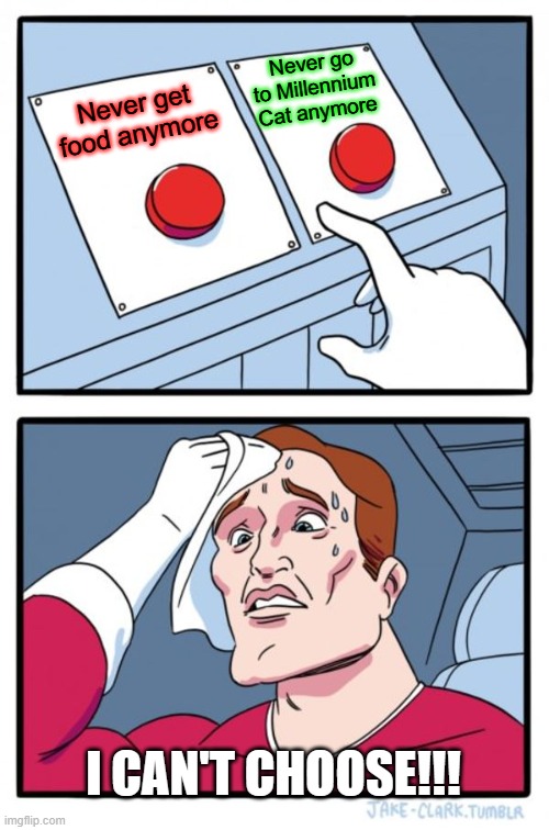 Two Buttons | Never go to Millennium Cat anymore; Never get food anymore; I CAN'T CHOOSE!!! | image tagged in memes,two buttons | made w/ Imgflip meme maker