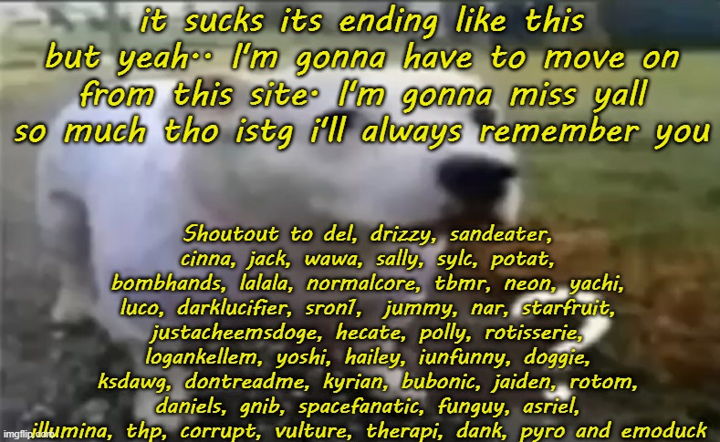 Sinx-yt says. No don't go also remember the time I got you unbanmed from msmg | it sucks its ending like this but yeah.. I'm gonna have to move on from this site. I'm gonna miss yall so much tho istg i'll always remember you; Shoutout to del, drizzy, sandeater, cinna, jack, wawa, sally, sylc, potat, bombhands, lalala, normalcore, tbmr, neon, yachi, luco, darklucifier, sron1,  jummy, nar, starfruit, justacheemsdoge, hecate, polly, rotisserie, logankellem, yoshi, hailey, iunfunny, doggie, ksdawg, dontreadme, kyrian, bubonic, jaiden, rotom, daniels, gnib, spacefanatic, funguy, asriel, illumina, thp, corrupt, vulture, therapi, dank, pyro and emoduck | made w/ Imgflip meme maker