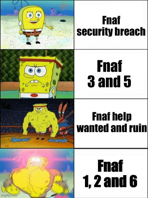 Ranking in terms of scariness not how the game is as a whole | Fnaf security breach; Fnaf 3 and 5; Fnaf help wanted and ruin; Fnaf 1, 2 and 6 | image tagged in increasingly buff spongebob,fnaf | made w/ Imgflip meme maker