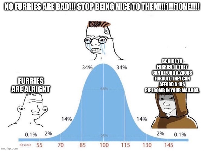 wow im great at image titles | NO FURRIES ARE BAD!!! STOP BEING NICE TO THEM!!!1!!!1ONE!!!! BE NICE TO FURRIES. IF THEY CAN AFFORD A 2000$ FURSUIT, THEY CAN AFFORD A 10$ PIPEBOMB IN YOUR MAILBOX. FURRIES ARE ALRIGHT | image tagged in bell curve,memes,funny | made w/ Imgflip meme maker