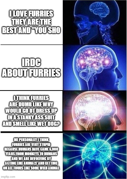 Expanding Brain Meme | I LOVE FURRIES THEY ARE THE BEST AND "YOU SHO; IRDC ABOUT FURRIES; I THINK FURRIES ARE DUMB LIKE WHY WOULD GO OT DRESS UP IN A STANKY ASS SUIT AND SMELL LIKE WET DOG? ME PERSONALLY I THINK FURRIES ARE VERY STUPID BECAUSE HUMANS HAVE CAME 6,000 YEARS FROM MONKEYS TO HUMANS AND WE ARE DEVOLVING BY ACTING LIKE ANIMALS' AND GETTING ON ALL FOURS LIKE SOME WILD ANIMAL | image tagged in memes,expanding brain | made w/ Imgflip meme maker