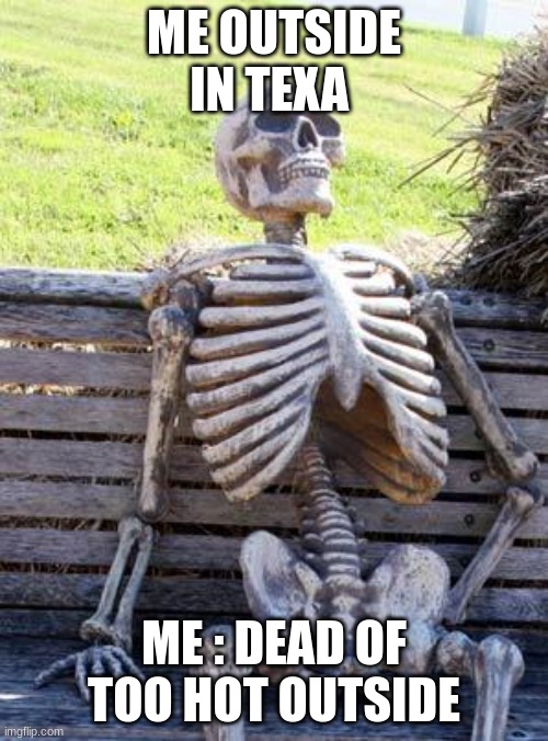 Texas heatwave | ME OUTSIDE IN TEXA; ME : DEAD OF TOO HOT OUTSIDE | image tagged in memes,waiting skeleton | made w/ Imgflip meme maker