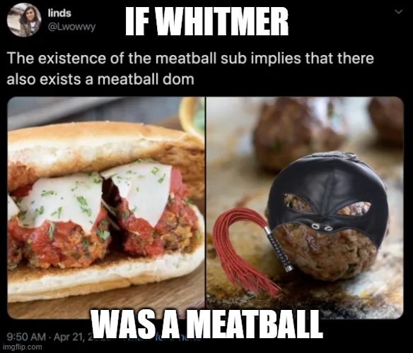 If Whitmer Was A Meatball | IF WHITMER; WAS A MEATBALL | image tagged in if whitmer was a meatball | made w/ Imgflip meme maker