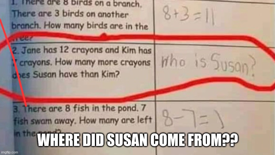 Who is Susan?? | WHERE DID SUSAN COME FROM?? | image tagged in funnytestanswer | made w/ Imgflip meme maker