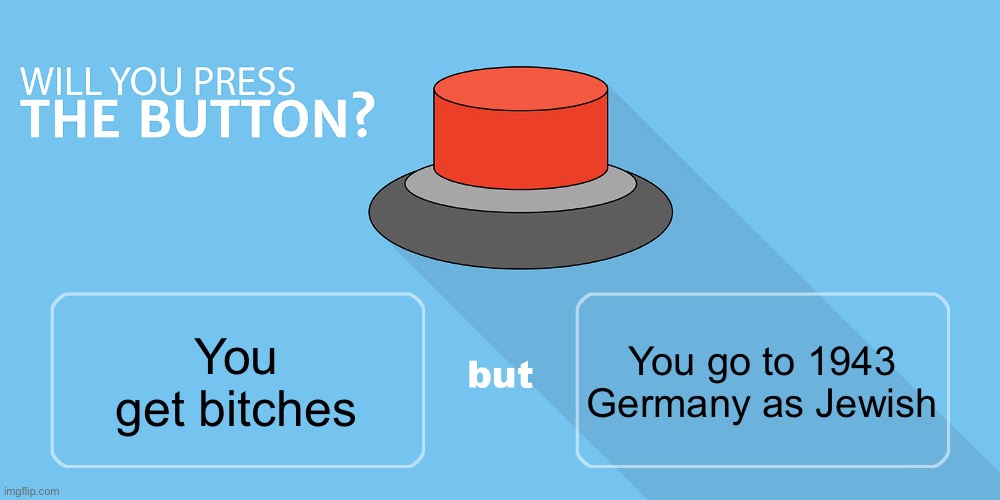 Would you press the button? | You go to 1943 Germany as Jewish; You get bitches | image tagged in would you press the button | made w/ Imgflip meme maker