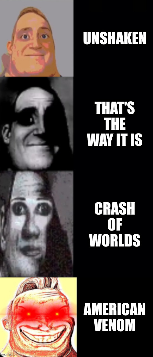 rdr2 musics be like | UNSHAKEN; THAT'S THE WAY IT IS; CRASH OF WORLDS; AMERICAN VENOM | image tagged in mr incredible revenge | made w/ Imgflip meme maker
