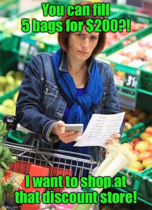 Grocery Shopping | You can fill 5 bags for $200?! I want to shop at that discount store! | image tagged in grocery shopping | made w/ Imgflip meme maker
