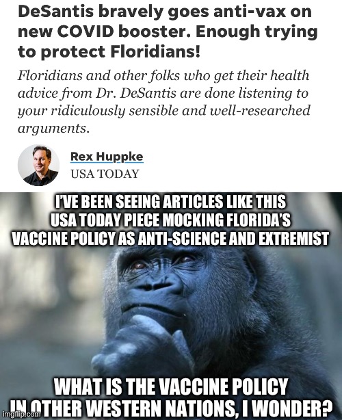 Answer in comments | I’VE BEEN SEEING ARTICLES LIKE THIS USA TODAY PIECE MOCKING FLORIDA’S VACCINE POLICY AS ANTI-SCIENCE AND EXTREMIST; WHAT IS THE VACCINE POLICY IN OTHER WESTERN NATIONS, I WONDER? | image tagged in deep thoughts | made w/ Imgflip meme maker