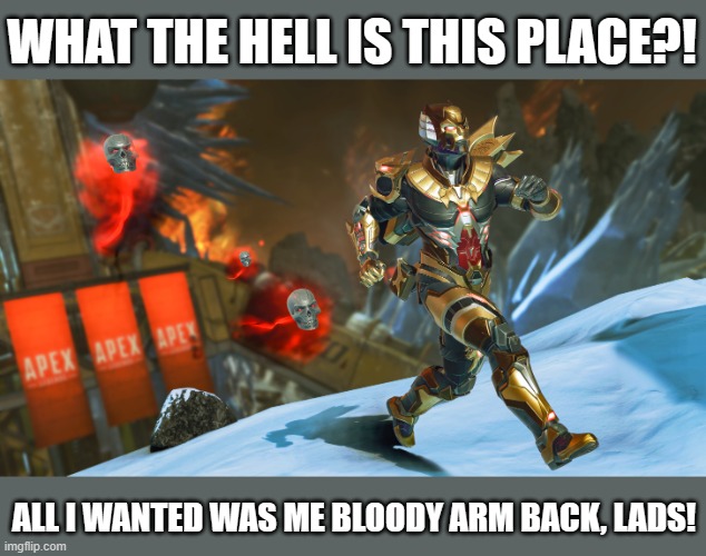 WHAT THE HELL IS THIS PLACE?! ALL I WANTED WAS ME BLOODY ARM BACK, LADS! | made w/ Imgflip meme maker