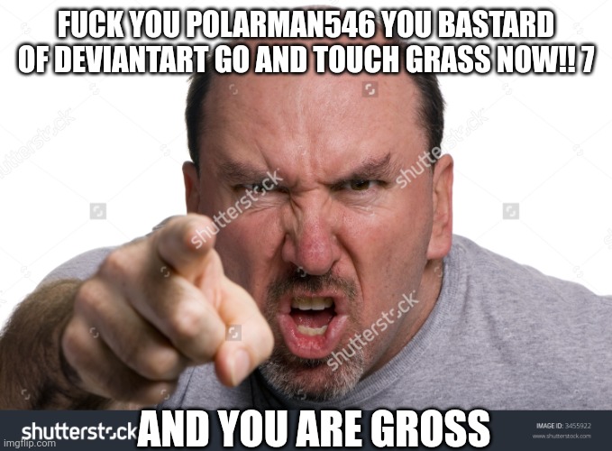 PolarMan546 sucks! | FUCK YOU POLARMAN546 YOU BASTARD OF DEVIANTART GO AND TOUCH GRASS NOW!! 7; AND YOU ARE GROSS | image tagged in angry point | made w/ Imgflip meme maker