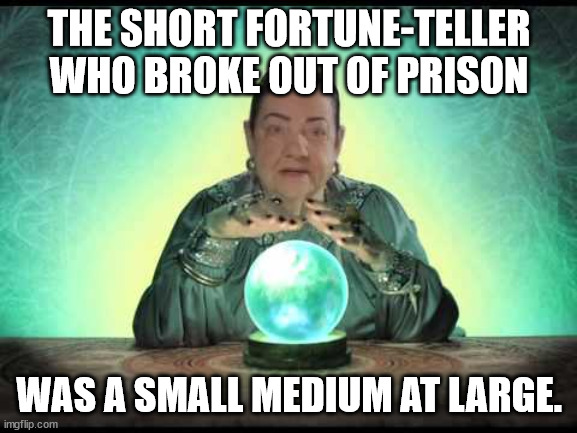 Dad Joke or Bad Pun. You decide. | THE SHORT FORTUNE-TELLER WHO BROKE OUT OF PRISON; WAS A SMALL MEDIUM AT LARGE. | image tagged in fortune teller,joke,dad joke,funny,pun,humor | made w/ Imgflip meme maker