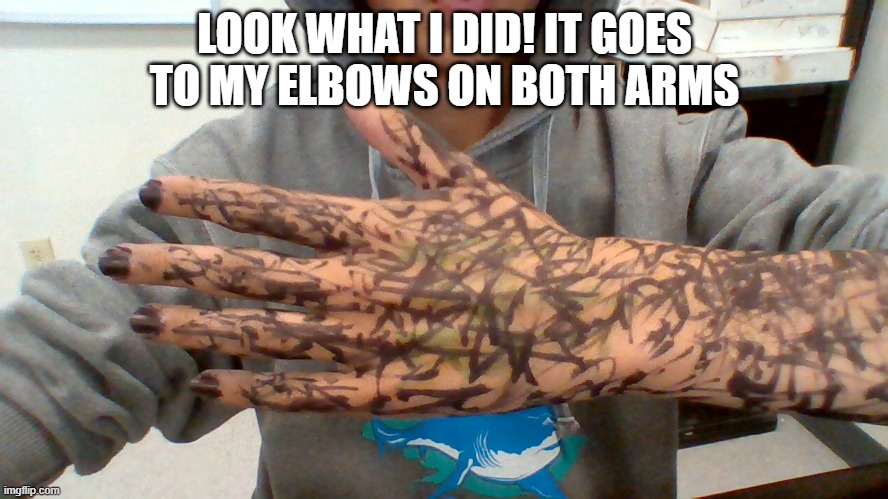 i like it! | LOOK WHAT I DID! IT GOES TO MY ELBOWS ON BOTH ARMS | image tagged in e | made w/ Imgflip meme maker