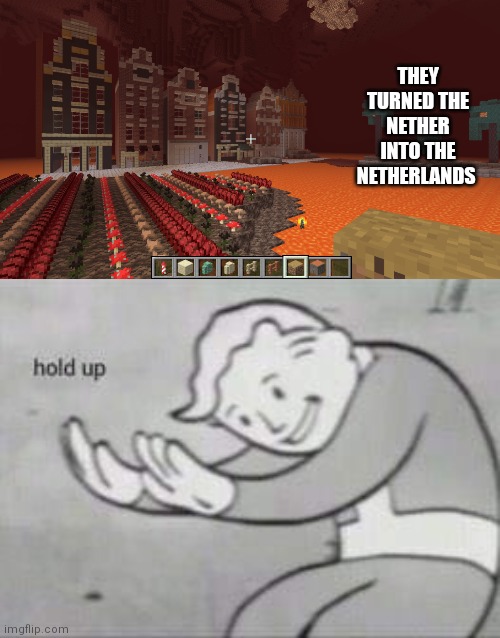 Uuuuhhhh... | THEY TURNED THE NETHER INTO THE NETHERLANDS | image tagged in fallout hold up,memes,minecraft,netherlands | made w/ Imgflip meme maker