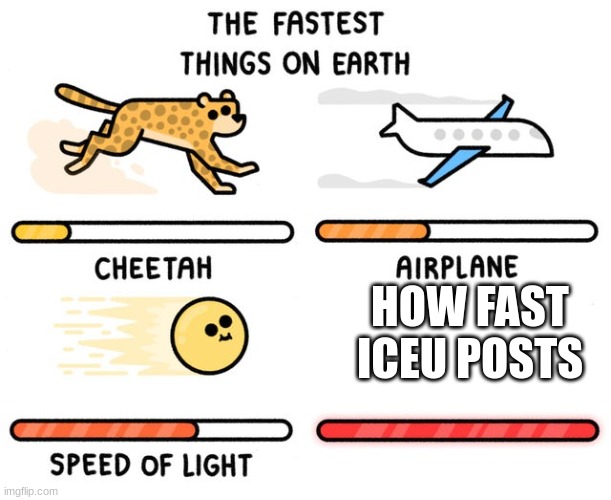fastest thing possible | HOW FAST ICEU POSTS | image tagged in fastest thing possible | made w/ Imgflip meme maker