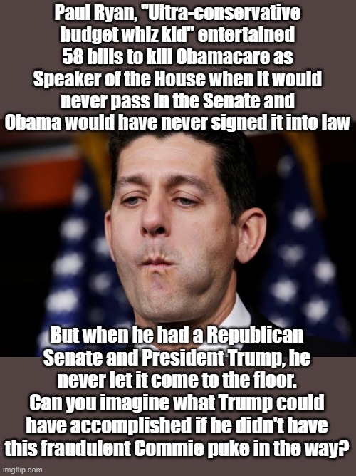 And the Dems ran ads showing him pushing Grandma off a cliff in her wheelchair. McCarthy is no different. | Paul Ryan, "Ultra-conservative budget whiz kid" entertained 58 bills to kill Obamacare as Speaker of the House when it would never pass in the Senate and Obama would have never signed it into law; But when he had a Republican Senate and President Trump, he never let it come to the floor. Can you imagine what Trump could have accomplished if he didn't have this fraudulent Commie puke in the way? | image tagged in paul ryan sacking cuck | made w/ Imgflip meme maker