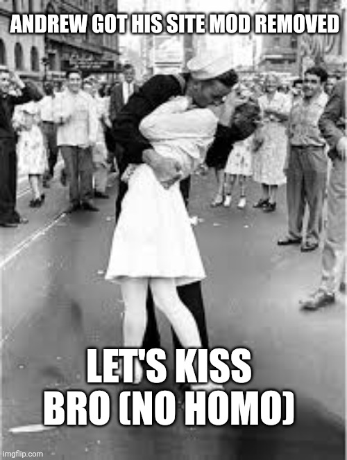 Sailor Kiss | ANDREW GOT HIS SITE MOD REMOVED; LET'S KISS BRO (NO HOMO) | image tagged in sailor kiss | made w/ Imgflip meme maker