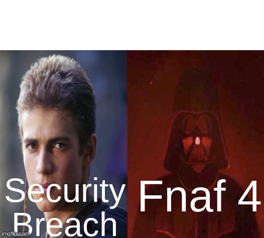 Anakin Becoming evil | Security Breach Fnaf 4 | image tagged in anakin becoming evil | made w/ Imgflip meme maker